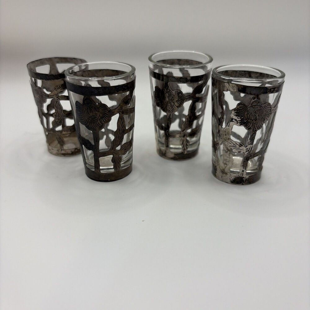Set of 4 Taxco Sterling Silver Overlay Shot Aperitif Glasses 925 Vintage